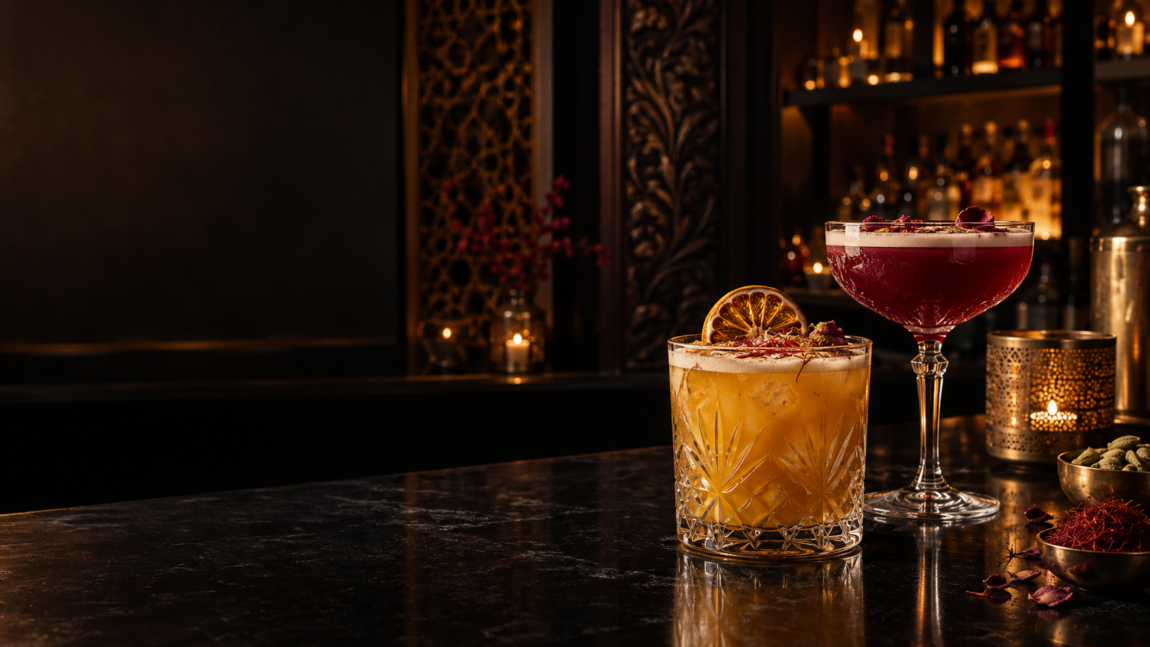 Illustrative Indian-inspired cocktails at a warmly lit bar
